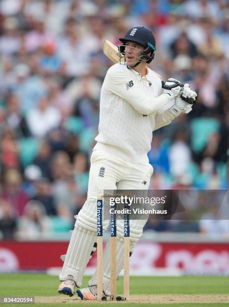 Toby Roland-Jones of England batting during day two of the 3rd Investec test between England and South Africa at The Kia Oval on July 28, 2017 in...