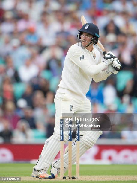 Toby Roland-Jones of England batting during day two of the 3rd Investec test between England and South Africa at The Kia Oval on July 28, 2017 in...