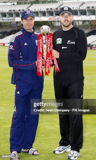 England captain Michael Vaughan and New Zealand captain Daniel Vettori with the Test Trophy during the press conference at Lord's, London.