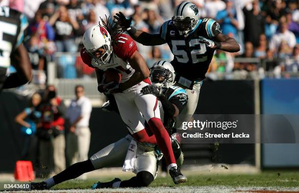 Larry Fitzgerald of the Arizona Cardinals tries to get away from Jon Beason and Chris Gamble of the Carolina Panthers during their game on October...