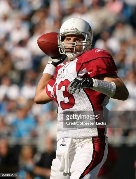 Kurt Warner of the Arizona Cardinals drops back to throw a pass against the Carolina Panthers during their game on October 26, 2008 at Bank of...