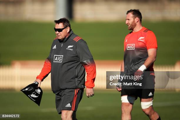 All Blacks head coach Steve Hansen and Kieran Read of the All Blacks look on during the New Zealand All Blacks captain's run at North Sydney Oval on...