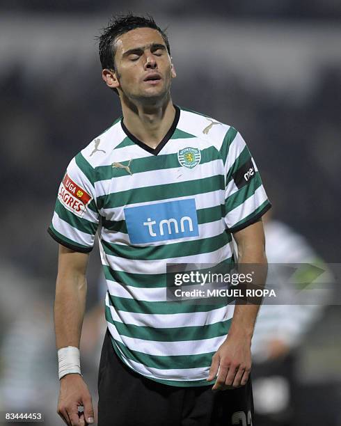 Sporting CP´s Helder Postiga reacts during their Portuguese Super league football match against Pacos Ferreira at the Mata Stadium in Pacos Ferreira,...