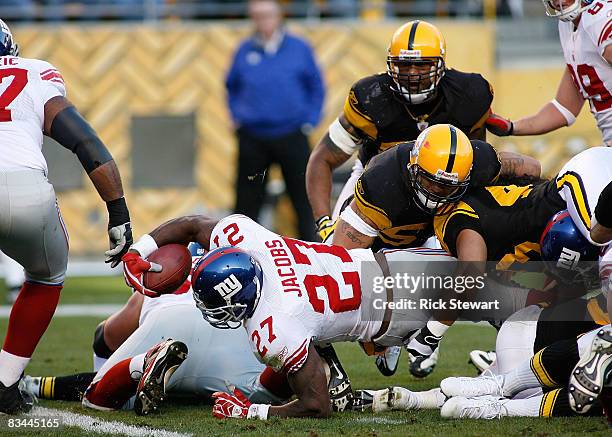 Brandon Jacobs of the New York Giants tries unsuccessfully to get to the goalline against the Pittsburgh Steelers on October 26, 2008 at Heinz Field...