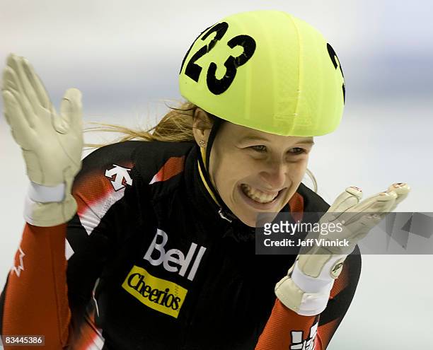 Marianne St-Gelais of Canada celebrates after her second place finish in the ladies 500m final at the ISU World Cup Speed short track speed skating...