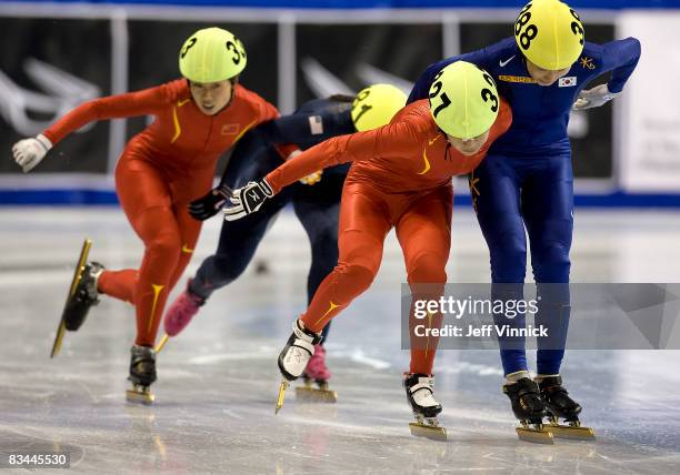 Sae-Born Shin of South Korea edges out Yang Zhou of China at the finish line to win in the ladie's 1000m final at the ISU World Cup Speed short track...