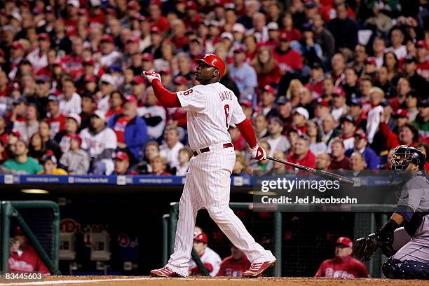 Ryan Howard of the Philadelphia Phillies rounds the bases after hitting a three-run home run against Andy Sonnanstine of the Tampa Bay Rays during...