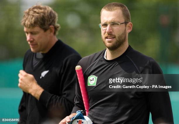 New Zealand captain Daniel Vettori with Jacob Oram during the nets session at Old Trafford Cricket Ground, Manchester.