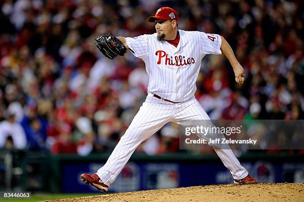 Scott Eyre of the Philadelphia Phillies pitches against the Tampa Bay Rays during game four of the 2008 MLB World Series on October 26, 2008 at...