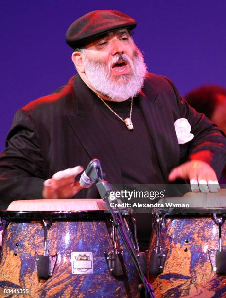 Musician Poncho Sanchez performs onstage during the Thelonious Monk Institute of Jazz honoring B.B. King event held at the Kodak Theatre on October...