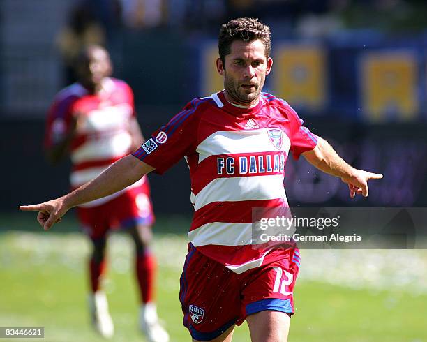 Victor Sikora of FC Dallas celebrates his goal scored against the Los Angeles Galaxy in action against of FC Dallas during the MLS match between and...