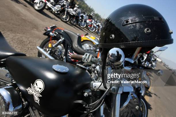 Motorcycles are parked at the 25th Annual Love Ride on October 26, 2008 in Los Angeles, California.