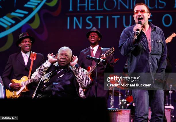 Musicians Joe Louis Walker, B.B. King, Keb' Mo' and Bono of U2 onstage during the Thelonious Monk Institute of Jazz honoring B.B. King event held at...