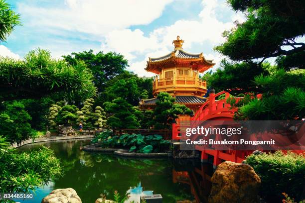 pagoda of nan lian garden in hong kong city with beautiful background - japansk trädgård bildbanksfoton och bilder