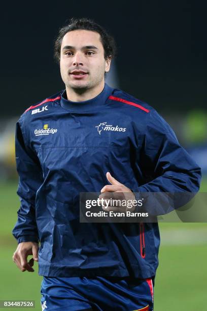James Lowe of Tasman warming up during the Mitre 10 Cup round one match between Tasman and Canterbury at Trafalgar Park on August 18, 2017 in Nelson,...