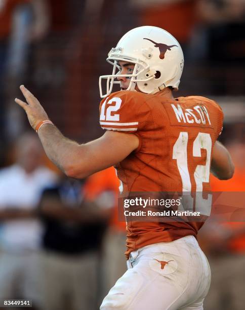 Quarterback Colt McCoy of the Texas Longhorns during play against the Oklahoma State Cowboys at Texas Memorial Stadium on October 25, 2008 in Austin,...