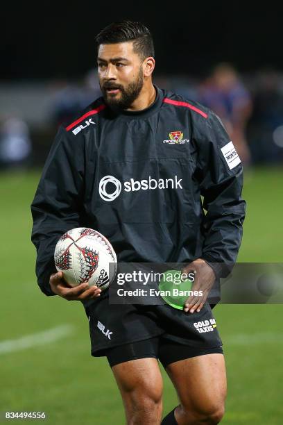 Richie Mo'unga of Canterbury warms up during the Mitre 10 Cup round one match betweenTasman and Canterbury at Trafalgar Park on August 18, 2017 in...