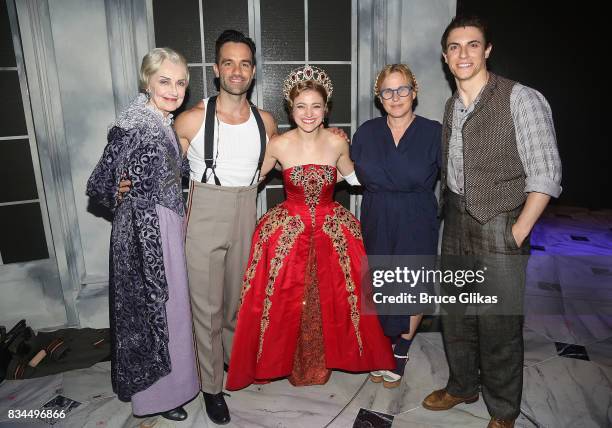 Mary Beth Peil as "Empress Maria", Ramin Karimloo as Gleb, Christy Altomare as "Anya", Patricia Arquette and Derek Klena as "Dmitry" pose backstage...