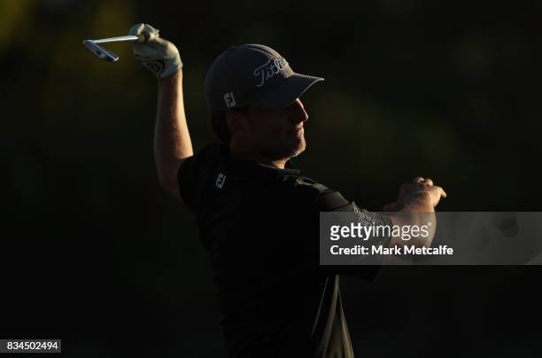 David Klein of New Zealand hits an approach shot on the 18 hole during day two of the 2017 Fiji International at Natadola Bay Championship Golf...