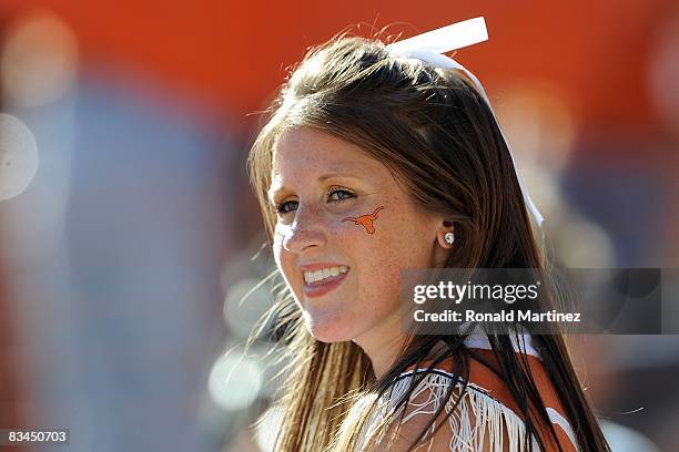 Shelley Allen of the Texas Cheerleaders during a game against the Oklahoma State Cowboys at Texas Memorial Stadium on October 25, 2008 in Austin,...