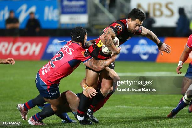 Trael Joss of Tasman is tackles Rob Thompson of Canterbury during the Mitre 10 Cup round one match between Tasman and Canterbury at Trafalgar Park on...