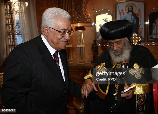 In this handout image provided by the Palestinian Press Office , Palestinian president Mahmoud Abbas meets His Holiness Pope Shenouda III, Pope of...