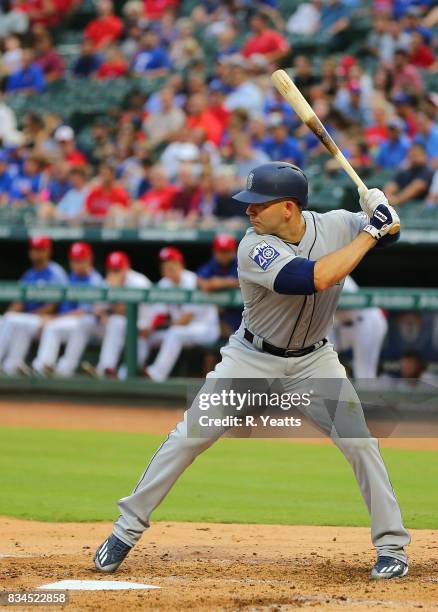 Danny Espinosa of the Seattle Mariners hits in the second inning against the Texas Rangers at Globe Life Park in Arlington on August 1, 2017 in...