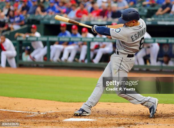 Danny Espinosa of the Seattle Mariners hits in the second inning against the Texas Rangers at Globe Life Park in Arlington on August 1, 2017 in...