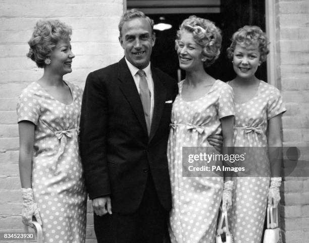 Twins Teddie and Babs wish good luck to the third of the singing Beverley Sisters, Joy, on her marriage to England and Wolverhampton football captain...