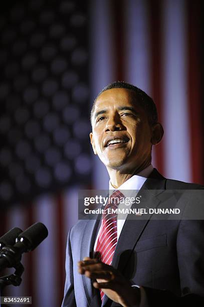 Democratic presidential candidate Illinois Senator Barack Obama delivers a campaign speech at the Canton Civic Center in Canton, Ohio, October 27,...