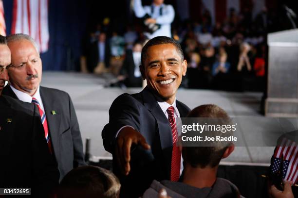 Democratic presidential nominee U.S. Sen. Barack Obama greets people during a campaign rally at Canton Civic Center October 27, 2008 in Canton, Ohio....