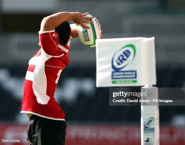 Japan's hooker Ryuhei Arita prepares to throw into a lineout during the Invesco Perpetual Junior Rugby World Cup match at Liberty Stadium, Swansea.