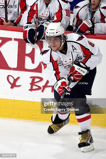 Alexander Ovechkin of the Washington Capitals skates against the Calgary Flames on October 21, 2008 at Pengrowth Saddledome in Calgary, Alberta,...