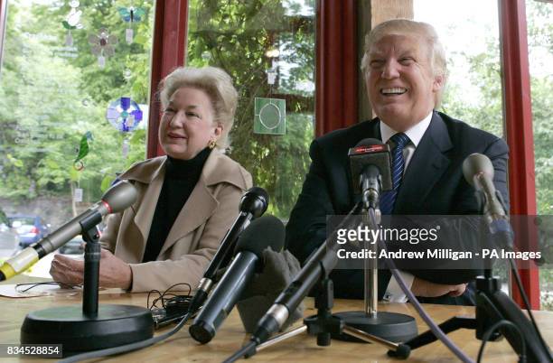 Tycoon Donald Trump with sister Maryanne Trump Barry, at a press conference after visiting the house in Tong, on the Isle of Lewis, where his mother...