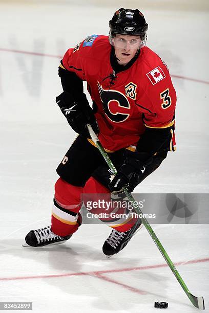 Dion Phaneuf of the Calgary Flames skates against the Washington Capitals on October 21, 2008 at Pengrowth Saddledome in Calgary, Alberta, Canada....