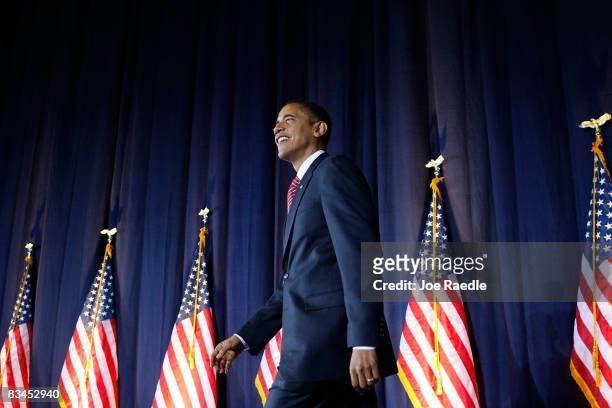Democratic presidential nominee U.S. Sen. Barack Obama walks as he is introduced during a campaign rally at Canton Civic Center October 27, 2008 in...