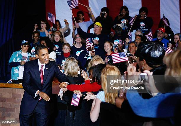 Democratic presidential nominee U.S. Sen. Barack Obama greets people during a campaign rally at Canton Civic Center October 27, 2008 in Canton, Ohio....