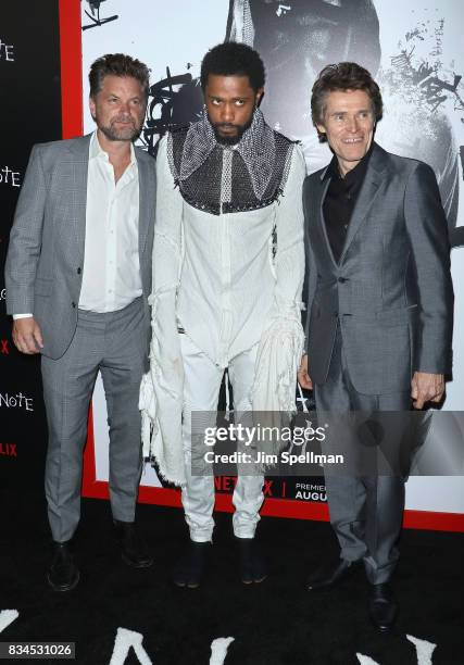 Actors Shea Whigham, LaKeith Stanfield and Willem Dafoe attend the "Death Note" New York premiere at AMC Loews Lincoln Square 13 theater on August...