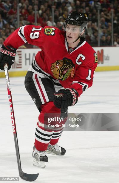 Jonathan Toews of the Chicago Blackhawks skates during a game against the Edmonton Oilers on October 22, 2008 at the United Center in Chicago,...