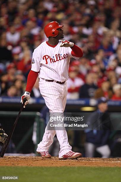 Ryan Howard of the Philadelphia Phillies hits a three-run home run in the bottom of the fourth inning during game four of the World Series between...