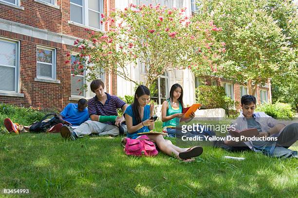 coeds relaxing and studying on campus - indian college girl - fotografias e filmes do acervo