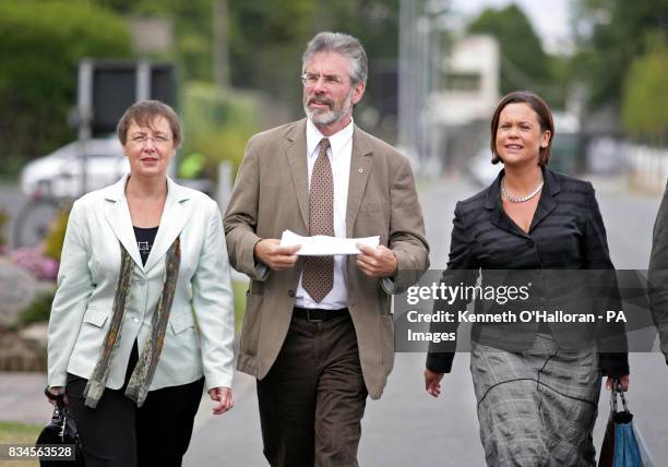 Sinn Fein President Gerry Adams with Sinn Fein MEPs Bairbre De Brun and Mary Lou McDonald at the Dublin Count Centre for the Lisbon Treaty referendum.