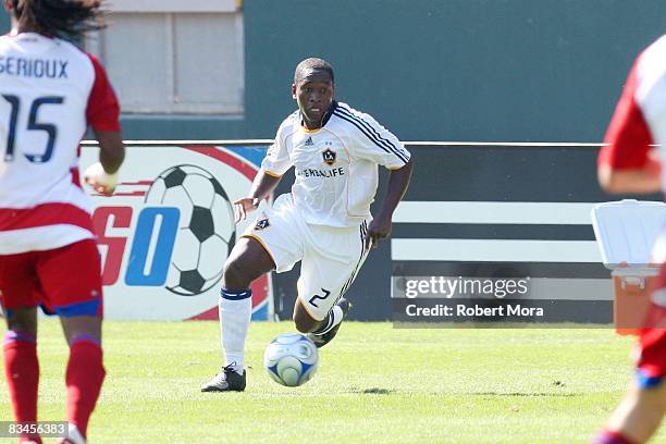 Mike Randolph of the Los Angeles Galaxy pushes the ball up the field during their MLS game against FC Dallas at Home Depot Center on October 26, 2008...