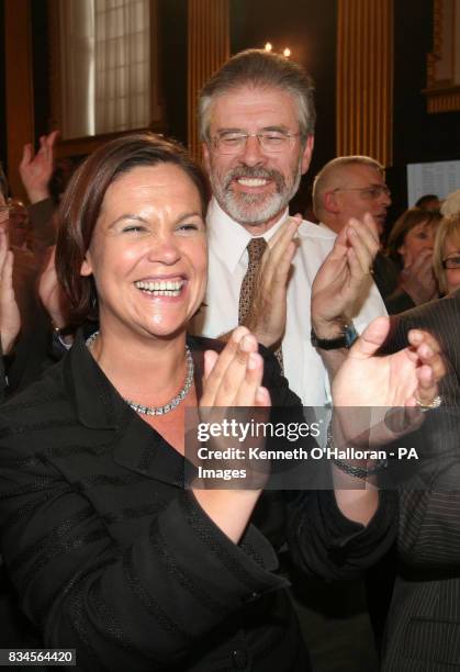 Sinn Fein leader Gerry Adams with Sinn Fein MEP Mary Lou McDonald, celebrating a No vote after Ireland rejected the Lisbon Treaty referendum at...