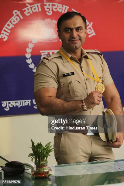 Rajbir Singh Siwach, Assistant Sub-Inspector of Gurugram Police, poses during an exclusive interview with Hindustan Times, on August 10, 2017 in...