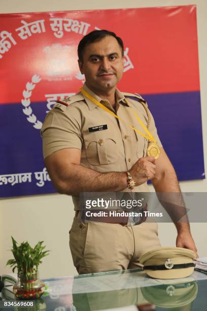 Rajbir Singh Siwach, Assistant Sub-Inspector of Gurugram Police, poses during an exclusive interview with Hindustan Times, on August 10, 2017 in...