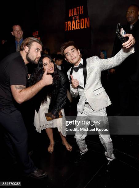 Singer Weston Coppola Cage, Hila Aronian, and actor Philip Ng take a selfie at the Los Angeles special screening of Birth of the Dragon at ArcLight...