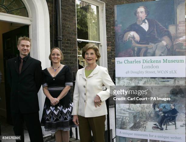 America's First Lady, Laura Bush, right, meets Lucinda Dickens-Hawksley the great-great-great-granddaughter of Charles Dickens, centre and Andrew...