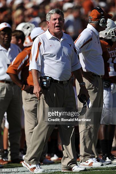 Head coach Mack Brown of the Texas Longhorns during play against the Oklahoma State Cowboys at Texas Memorial Stadium on October 25, 2008 in Austin,...