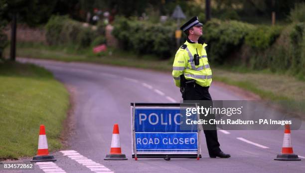 Police road block after an RAF Harrier Jet crashed in a field near Ashwell, Rutland, Leicestershire.